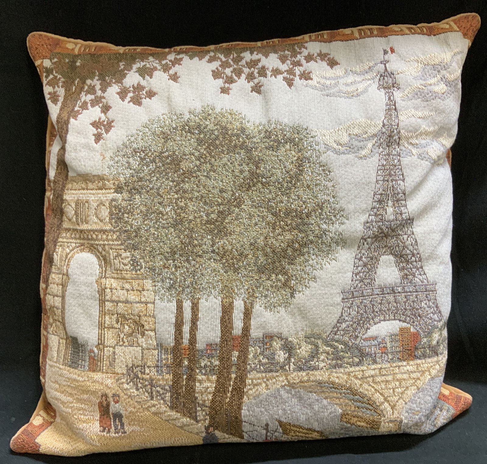 Vtg Woven Tapestry Style Paris Throw Pillow: Decorative woven tapestry style throw pillows depicting Paris. Eiffel tower, bridge & figures. Shades of blue, brown, grey, red & more. Surface wear consistent to age, use & exposure. Measurements: le