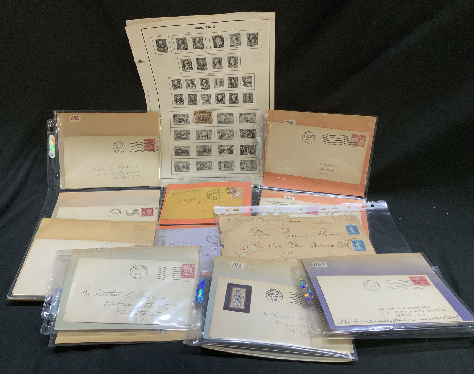 Lot 15+ C.1800-1939 Stamps, Envelopes, Ephemera: Lot includes, 15+ assorted antique 1800-1939 ephemera. Includes assorted envelopes with postage marks & stamps. Stamps feature portraits, figures, & more. Handwritten inscriptions. 5+ sheets of H.E. H