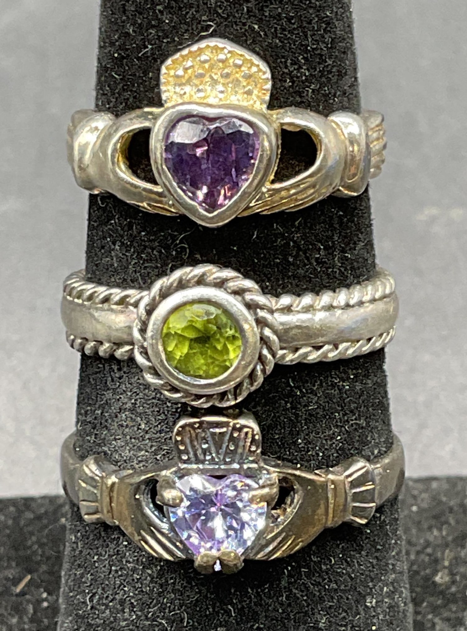 Lot 3 Sterling Silver Semiprecious Claddagh Rings (1 of 7)