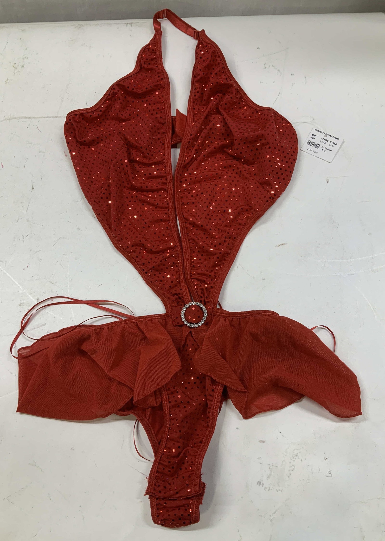 Fredericks of Hollywood Rhinestone Lingerie NWT: Lingerie has a bright red finish & is covered with small shimmering sequins. V shaped & circular rhinestone finish. Signed & marked. Reads, FREDERICKS OF HOLLYWOOD. Size Medium. Surface wear consisten