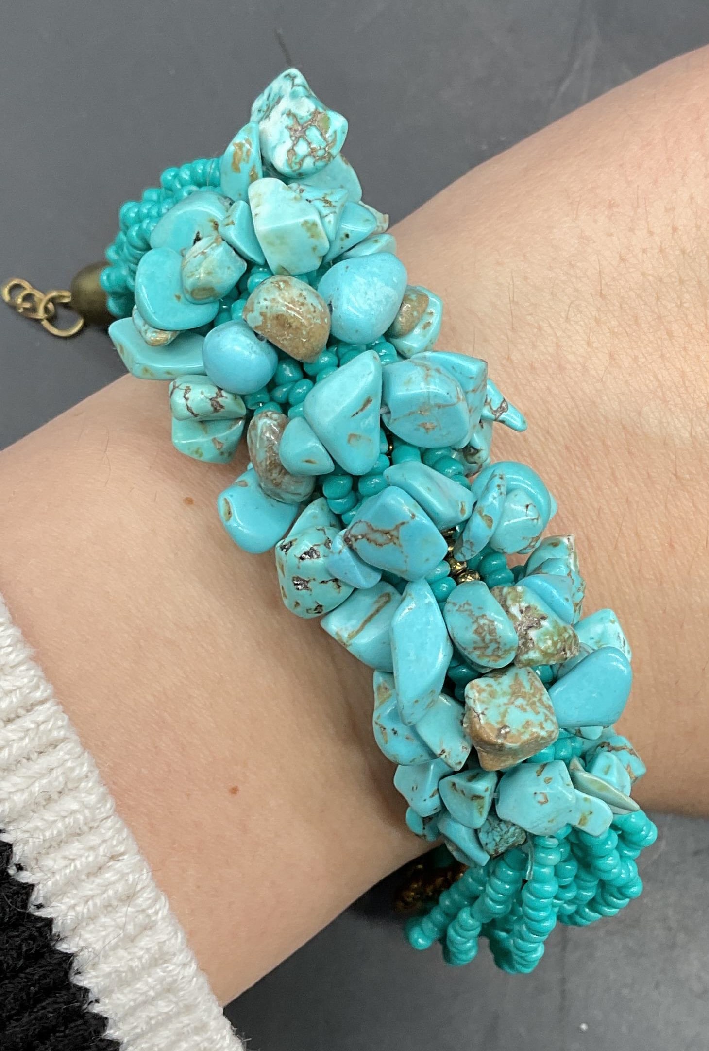 Faux Turquoise Chunky Beaded Bracelet: Faux turquoise chunky beaded bracelet. Measures approx 8.25 inches long. Some scratching and chipping. Jewelry, estate jewelry, costume jewelry, cocktail jewelry, accessories, fashion accessories, wea