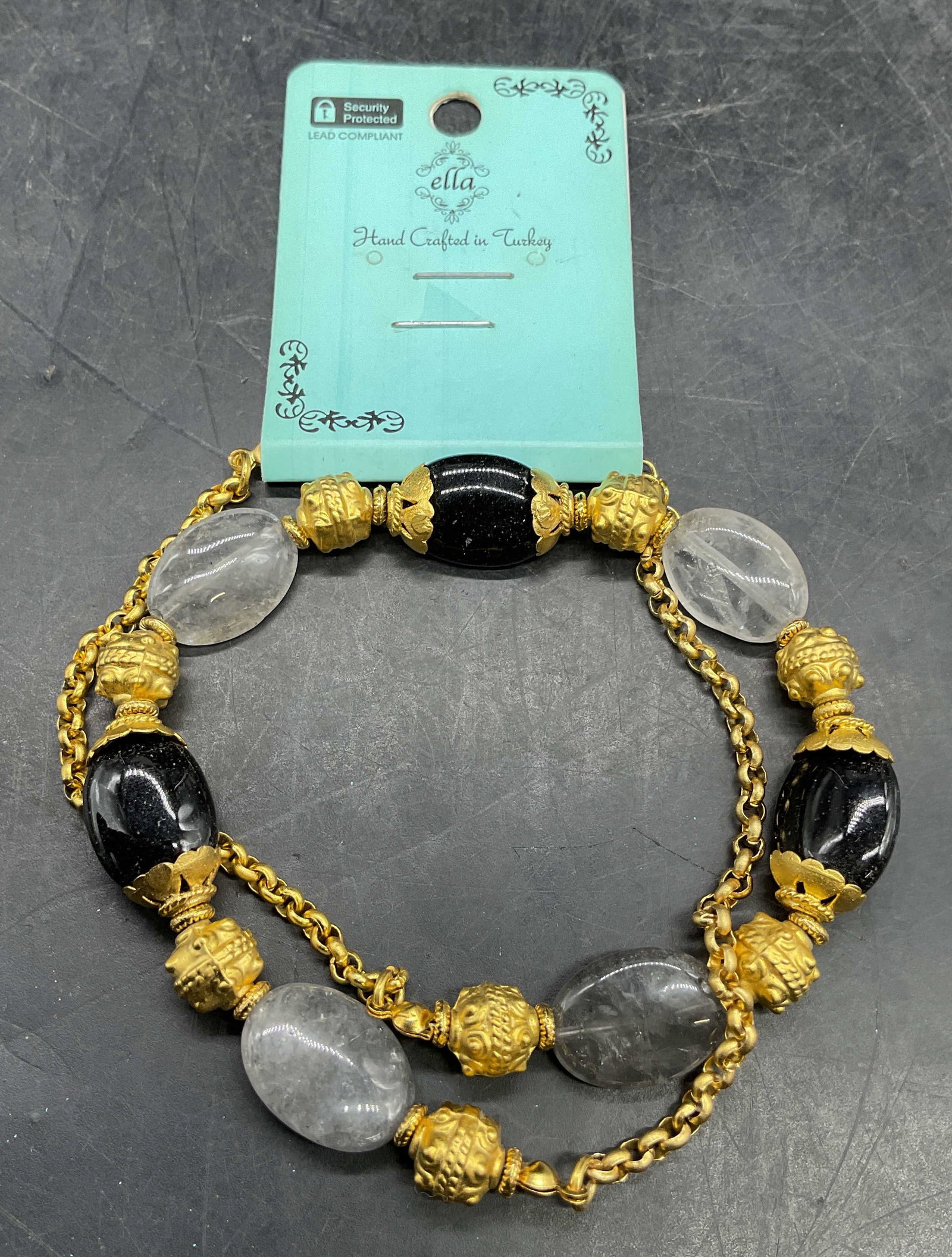 Ella Gold Tone Semiprecious Necklace NWT: Ella gold tone necklace with black and grey semiprecious stones. Drop length approx 9 inches. New with tag. Some scratching. Jewelry, estate jewelry, costume jewelry, cocktail jewelry, accessories, fa