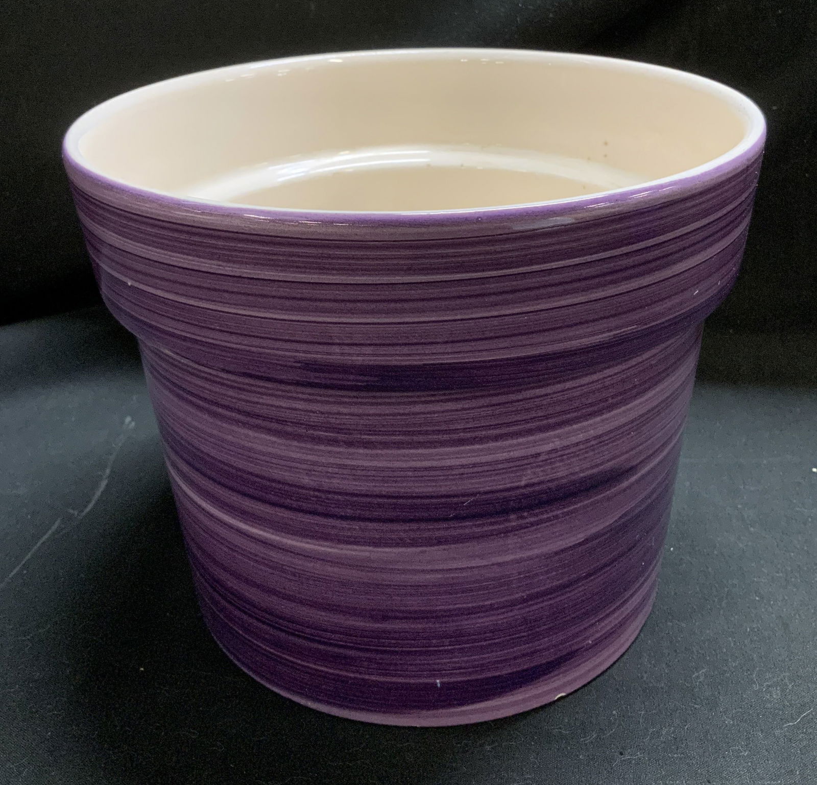 Secla Purple & White Striped Planter PORTUGAL: Planter is ceramic & is purple/white striped. Interior is white. Signed & marked on underside. Reads, PORTUGAL SECLA. Surface wear consistent to age, use & exposure. Measurements: length 7in x width 7
