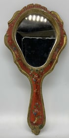 Vntg Hand Painted Gilt Floral Hand Mirror
