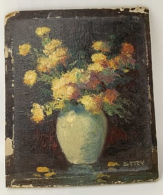 Sgnd Stry Antique Flowers in Vase Painting