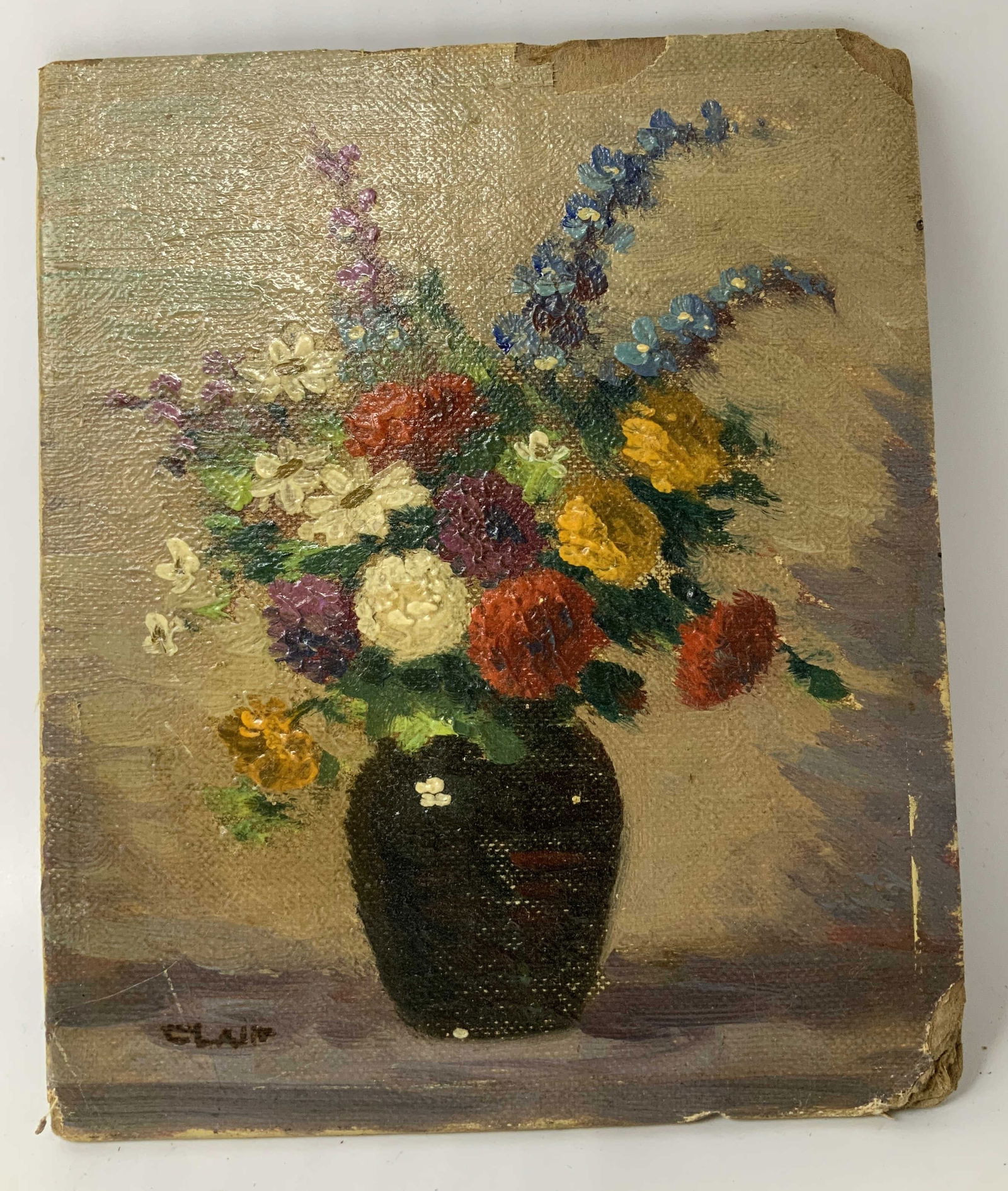 Sgnd Antq Hand Painted Flowers in Vase Painting: Piece is antique & depicts a still life of flowers in a vase. Shades of yellow, green, red, orange, blue & purple. Thick application of paint. Hand painted details. Signed & marked on right corner. Re
