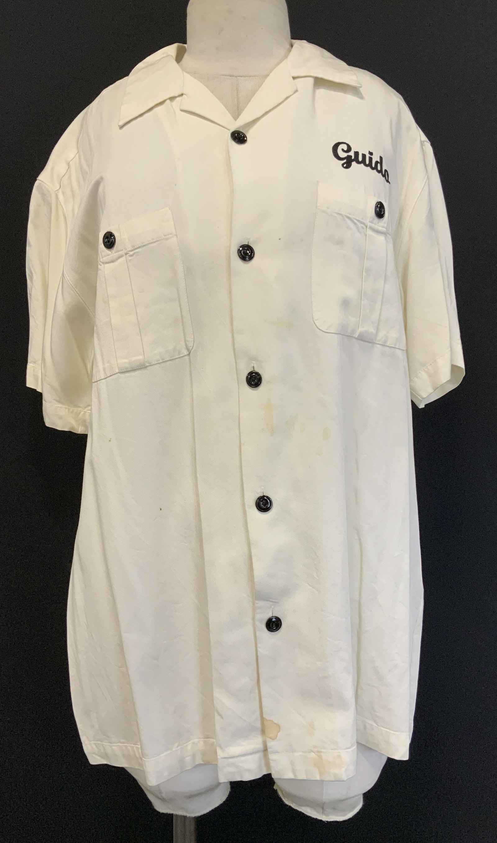 Vtg Lucky Brand Bowl-A-Rama Bowling Shirt HK: Shirt is 100% rayon & size small. Features a vintage Lucky Brand Bowl-a-Rama gabardine rayon bowling shirt with Guido embroidered on the pocket. Back side reads, Trainer The Chi-Chi Club. Dance All-Ni