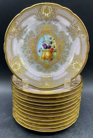 Set 12 Antq Lamm Dresden Gilt Porc Fruit Plates