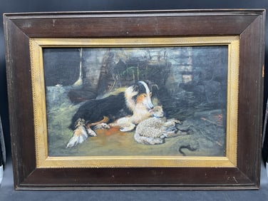 Framed Lamb & Collie Barn Oil Painting