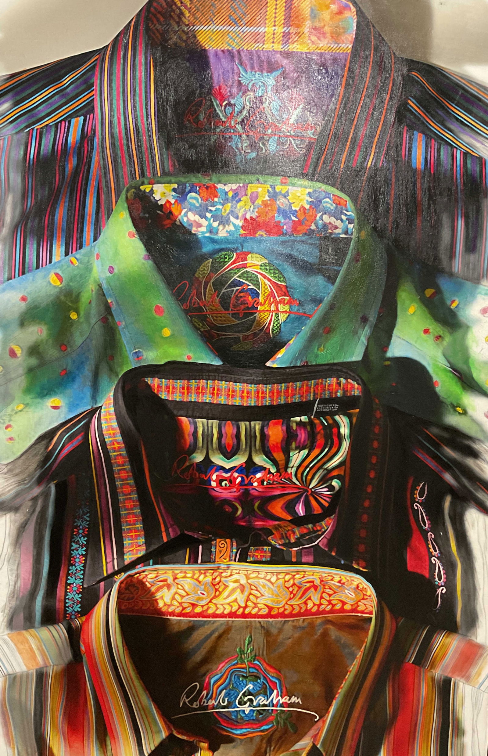 David Langley Robert Graham Shirts Litho 6ft 2009: Fine art lithograph on canvas. Signature in print with date lower right, David Langley, 2009. Colorful view of Robert Graham shorts with intricate designs. Measures approx 71.75 x 40 inches. Some wear