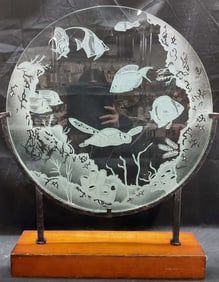 Coral Reef Marine Carved Glass Plaque W Stand 21in