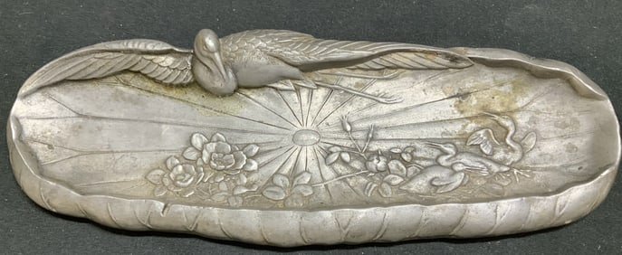 Vtg Fine Pewter Bird & Floral Motif Pin Tray