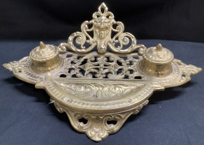 Vtg Solid Brass Ornate Double Inkwell Stand JAPAN