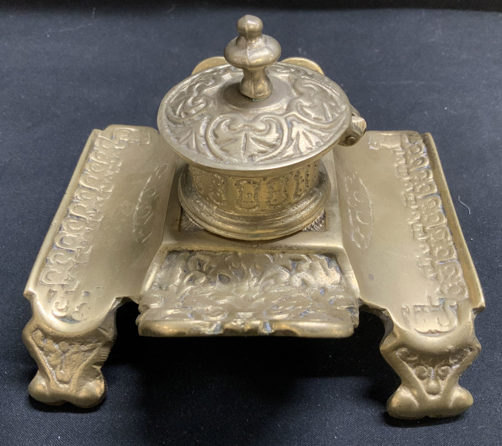 Vntg Solid Brass Ornate Footed Inkwell (1 of 7)