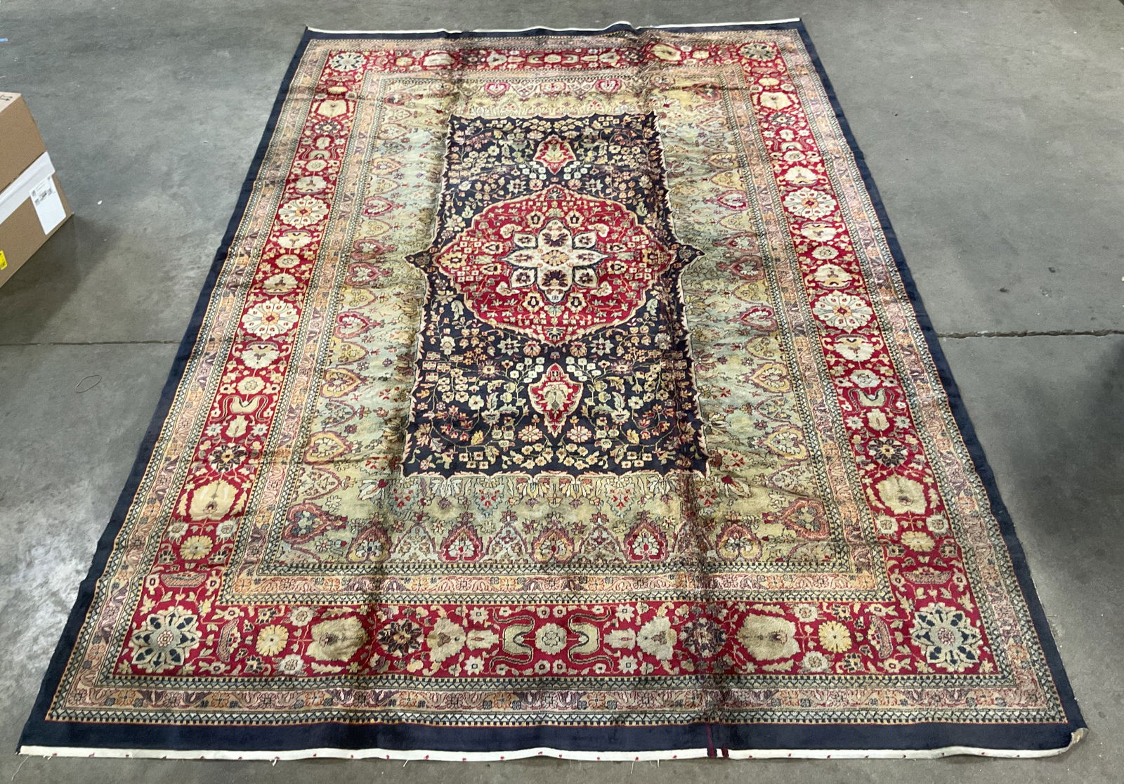 Vintage Persian Silk Medallion Floral Rug: Vintage Persian rug. Feels like silk. Medallion floral pattern in red, blue, and beige. Measures approx 115 x 77.5 inches. Wear including discoloration. Rug, area rug, silk rug, Persian rug, vintage r