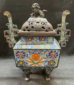 Signed Chinese Cloisonne Bronze Foo Dog Censor
