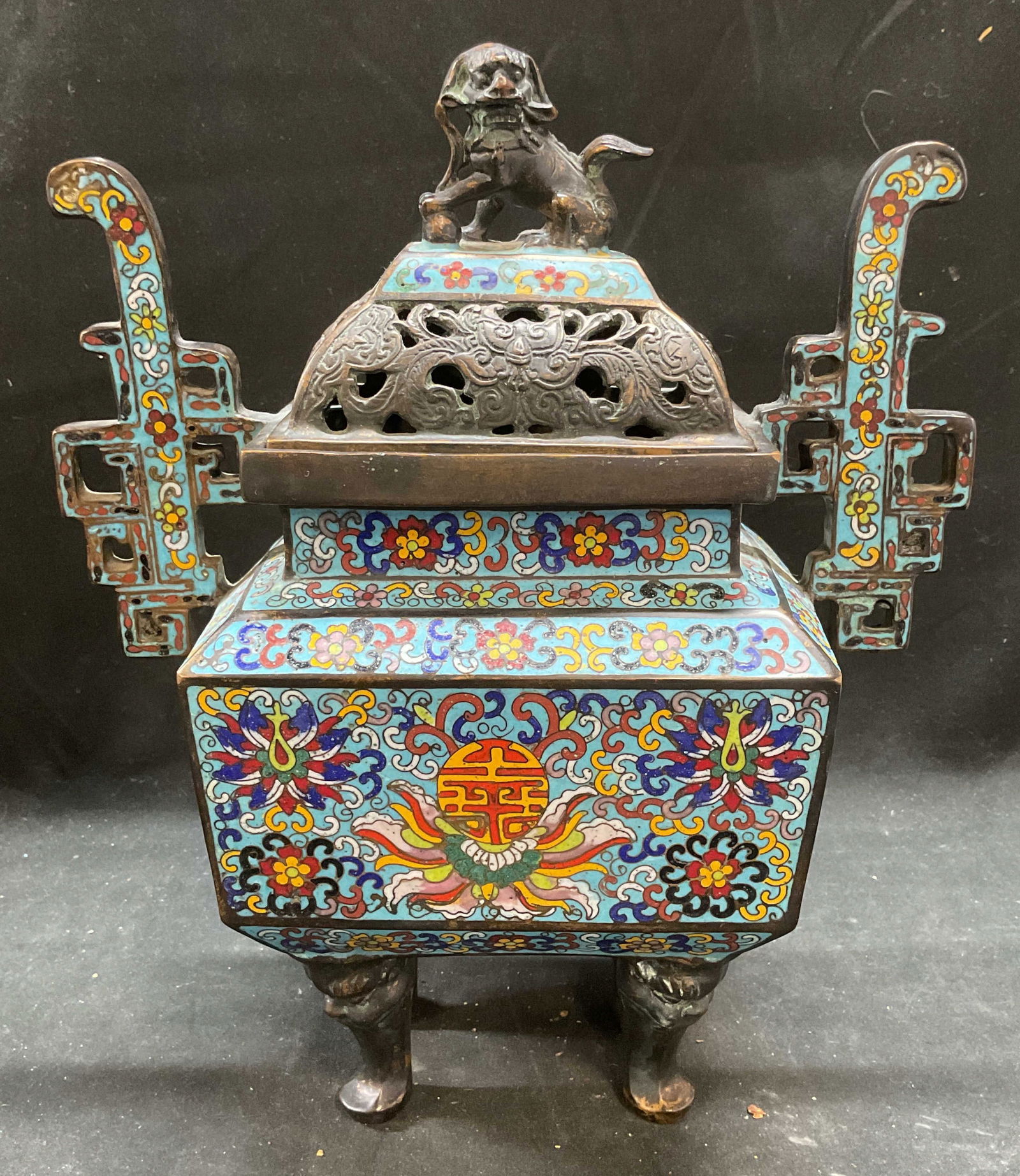 Signed Chinese Cloisonne Bronze Foo Dog Censor (1 of 9)