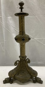 Vtg Solid Brass Jeweled Candlestick Holder