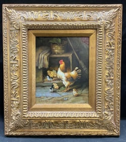Framed Signed L Cassidy Chickens Oil Painting 18in