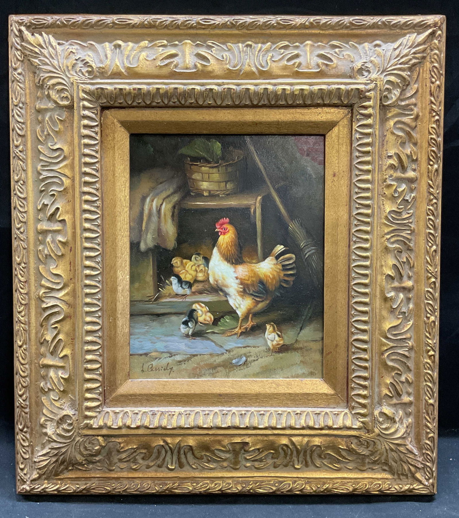 Framed Signed L Cassidy Chickens Oil Painting 18in (1 of 6)