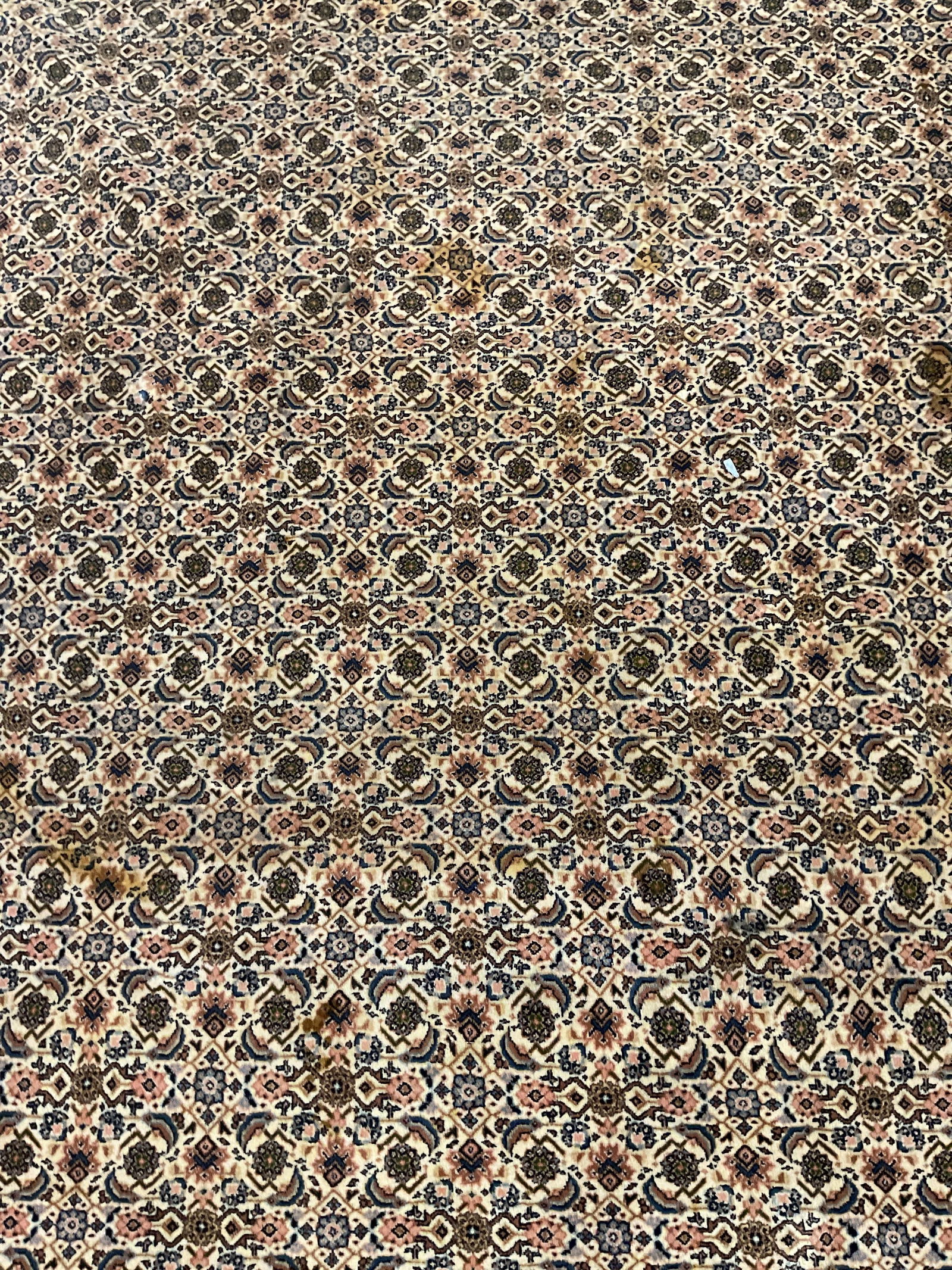 Blue & Pink Intricate Floral Wool Room Size Rug 178in: Blue and pink intricate floral pattern wool room size area rug with fringe. Measures approx 178 x 145 inches. Wear including discoloration. Rug, wool rug, blue rug, pink rug, floral rug, room size rug