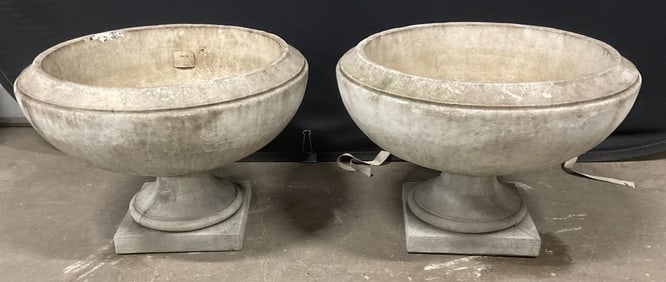 Pair Cement Wide Urn Pedestal Planters 23in