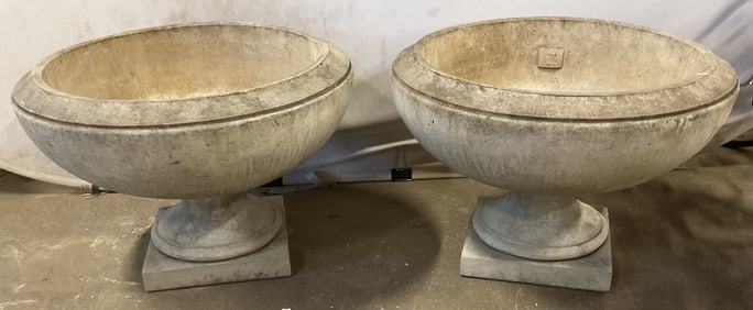 Pair Cement Wide Urn Pedestal Planters 23in