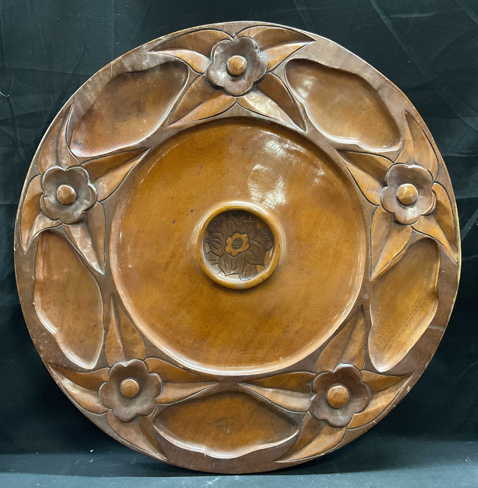 Sgn Hand Carved Floral Wood Serving Tray 28.5In (1 of 6)