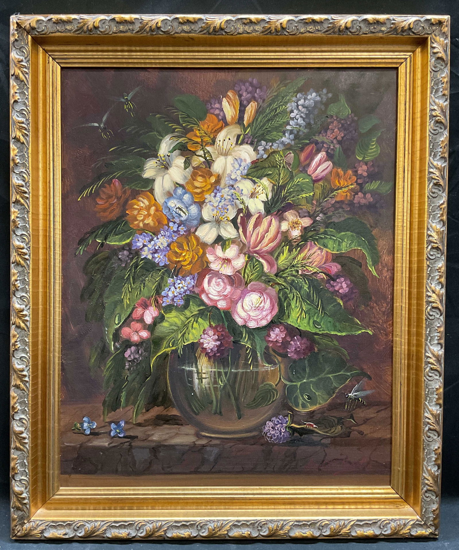 Sgn Augustine Nemethy Still Life Oil Painting 23in: Framed oil on canvas board painting. Signed lower right and inscribed with title on the verso, Augustine Nemethy, Floural. Still life with flowers and insects. Ornate gilt wood frame. Not examined out