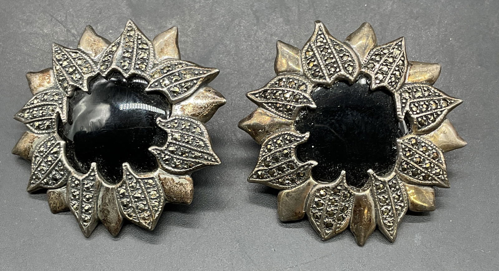 Signed Sterling Silver Onyx Flower Earrings (1 of 7)