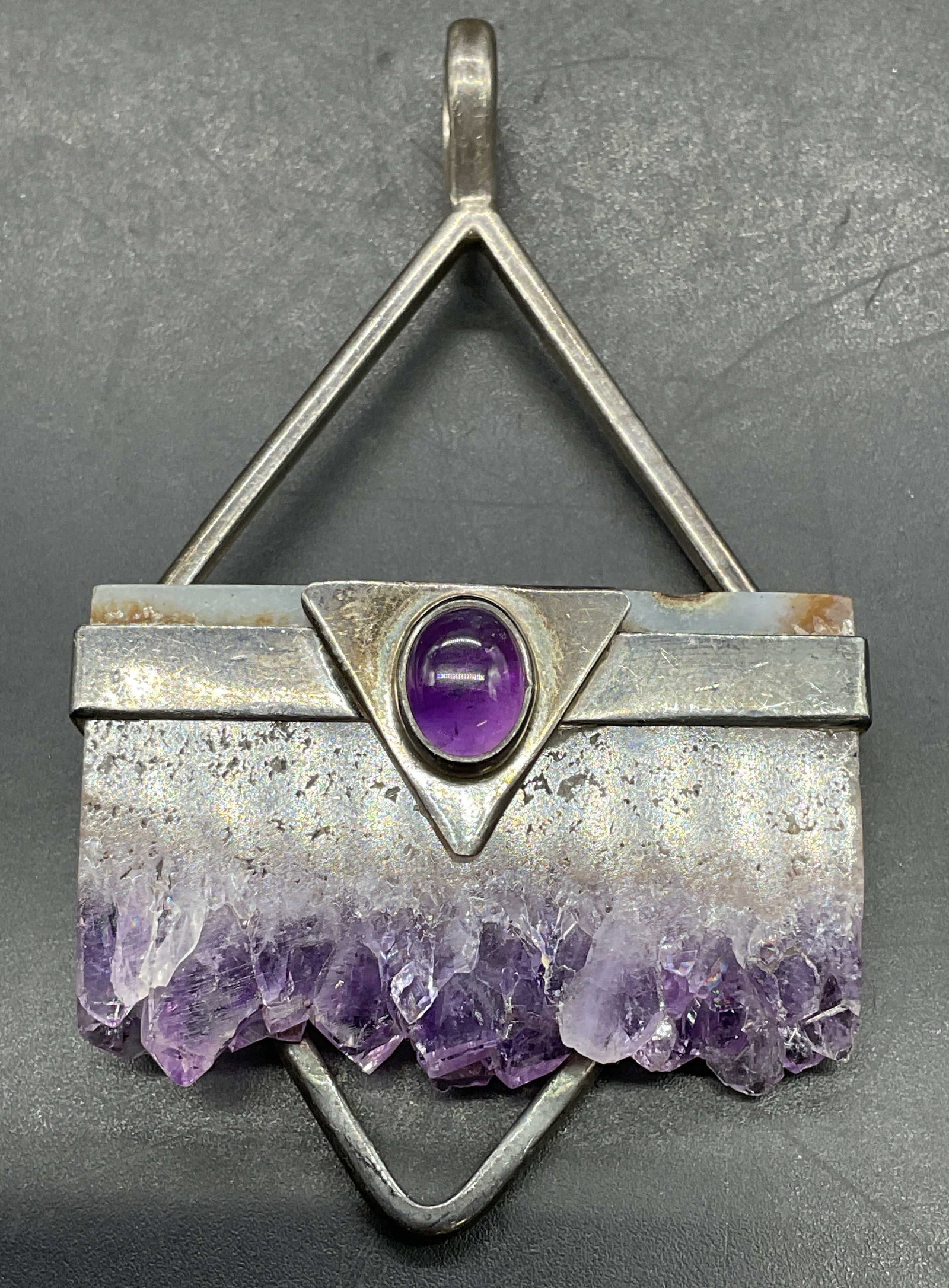 Vtg Sterling Silver Purple Semiprecious Pendant: Vintage sterling silver and purple semiprecious stone pendant. Measures approx 2.75 x 1.5 inches. Total weight 24.1 grams. Marked sterling. Made in Mexico. Some scratching. Jewelry, estate jewelry, fi