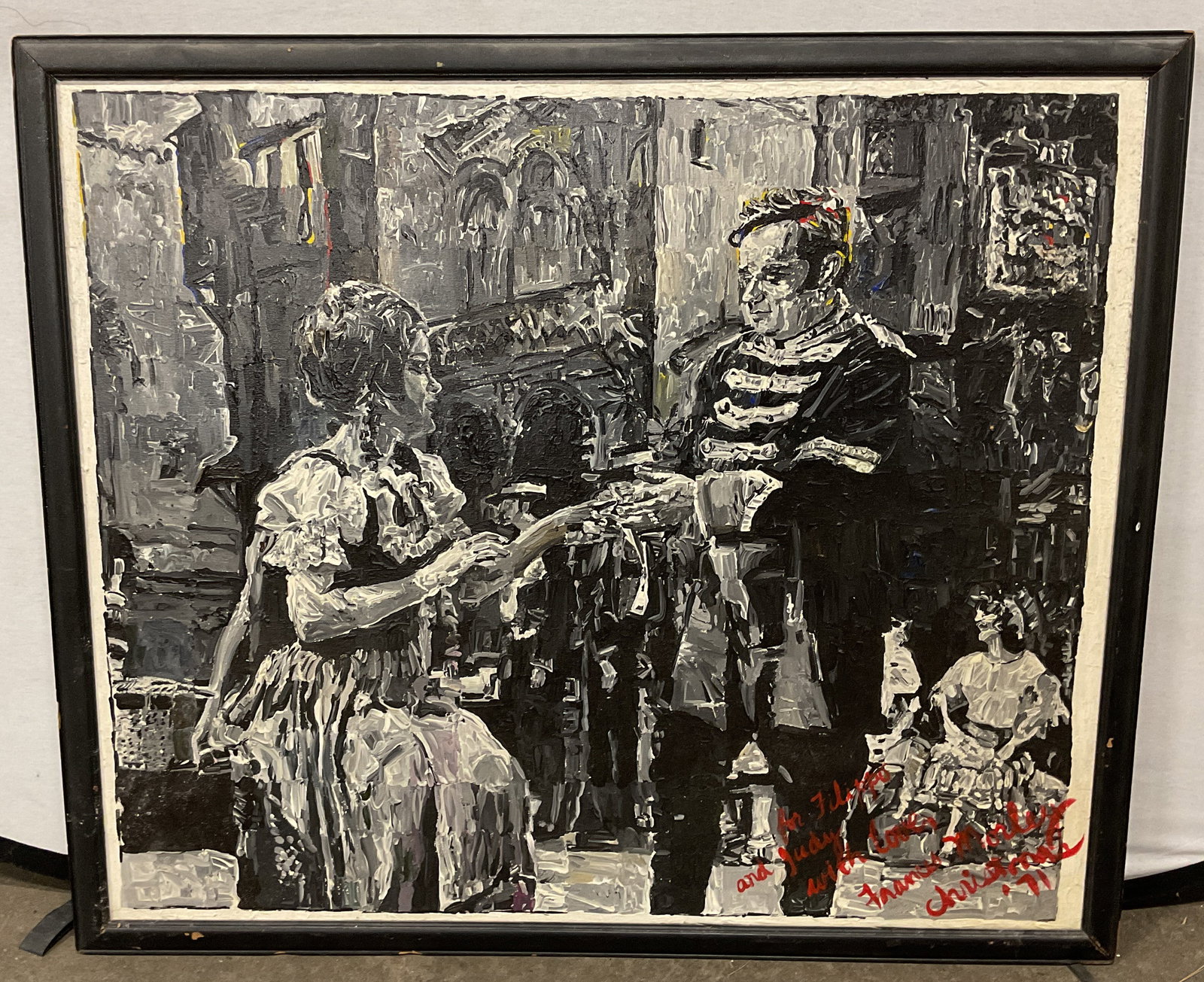 Signed Francis Morley Couple Oil Painting 40in: Framed oil on canvas painting. Signed and inscribed with date at lower right, For Filippo and Judy with love, Francis Morley, Christmas 71. Male and female figure in costume. Possibly depicting an ope