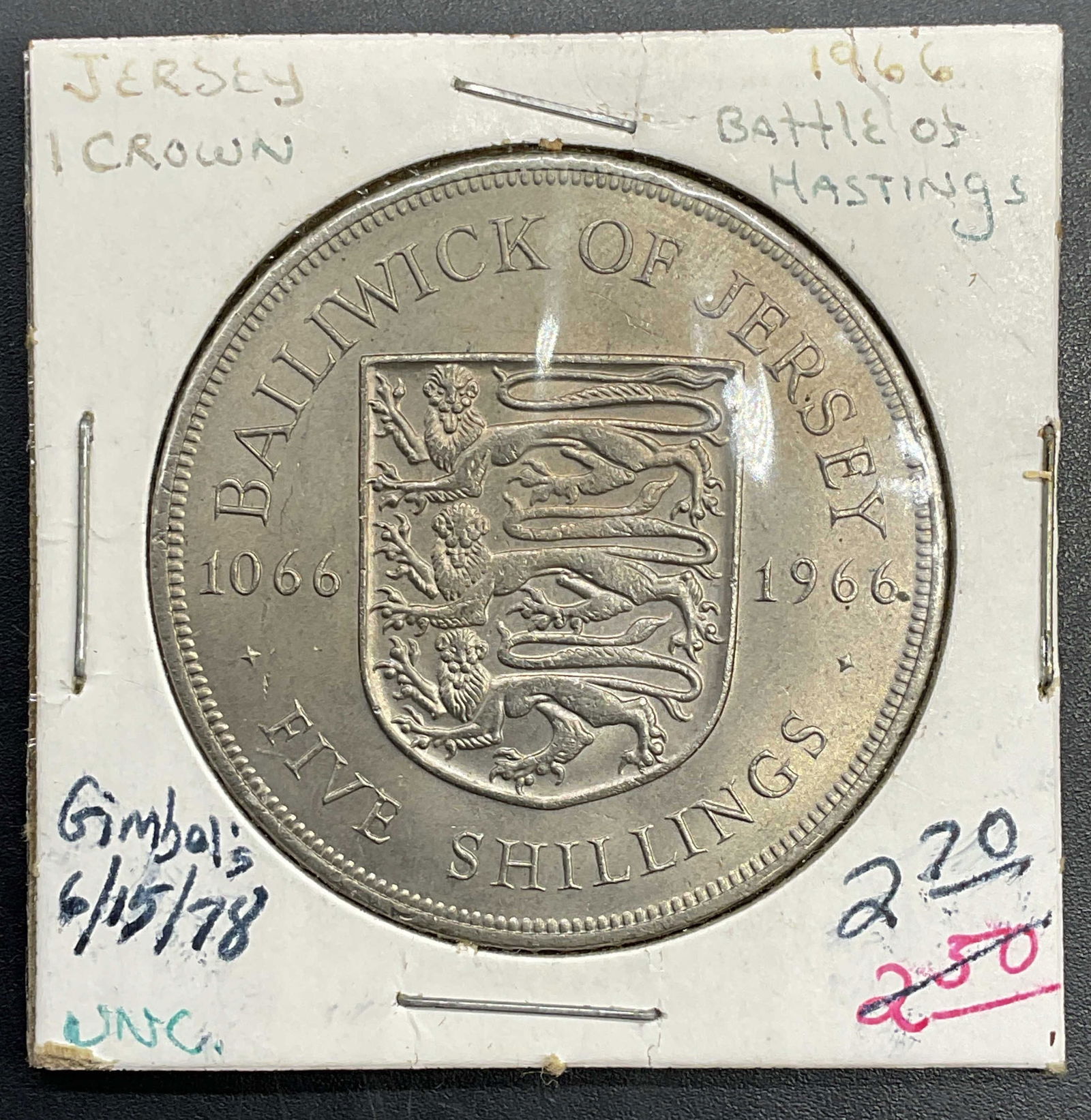 1966 Jersey Battle of Hastings 5 Shilling Coin: 1966 Jersey 5 shilling coin commemorating the 900th anniversary of the Battle of Hastings. Copper nickel alloy. Reverse features the Arms of Jersey, obverse features bust of Queen Elizabeth II. Measur