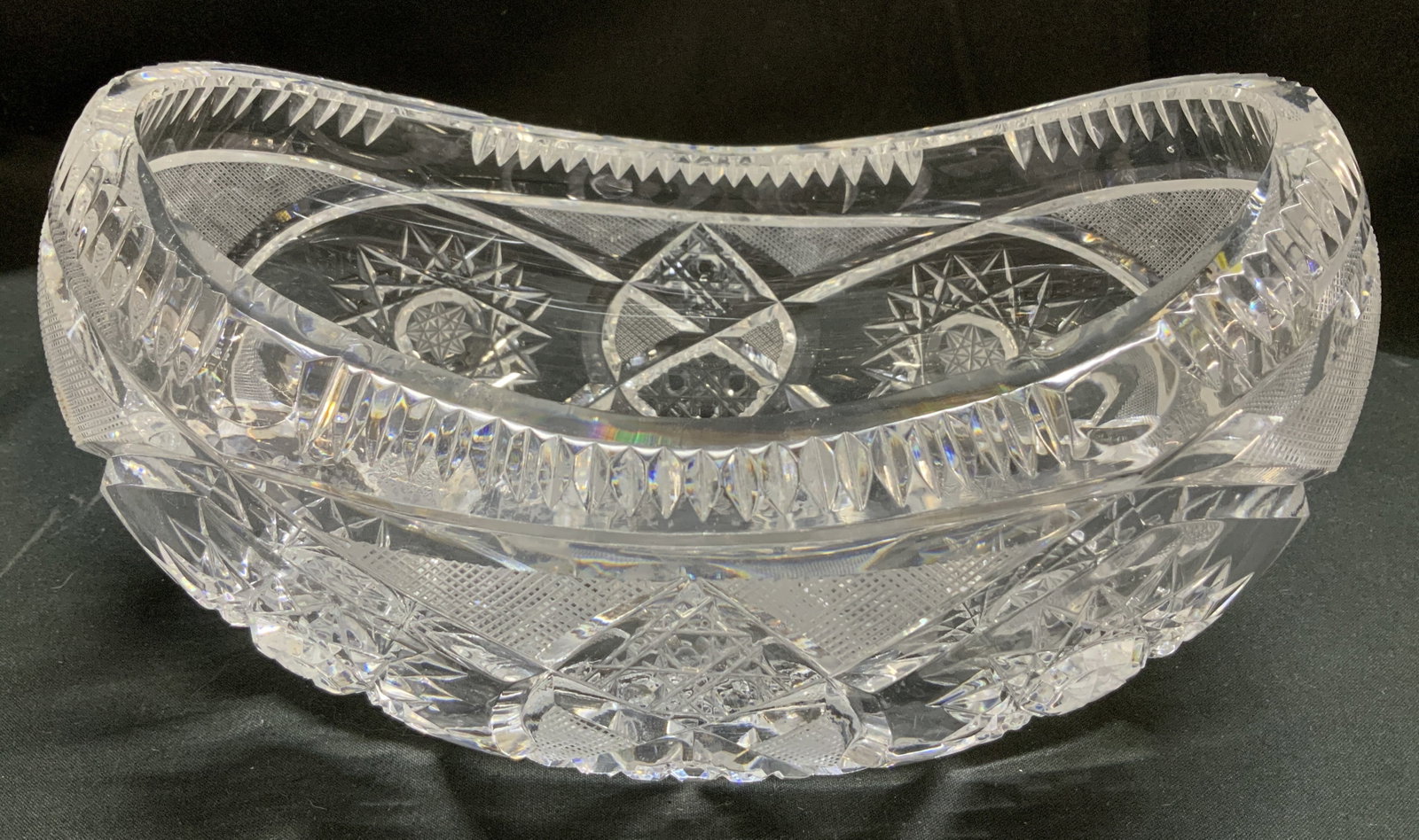 Vtg American Brilliant Style Cut Crystal Canoe Bwl: Vintage American Brilliant style cut crystal canoe boat bowl. Features intricate cut designs, including starburst and geometric patterns. Property of opera singers estate from the renowned & opulent M