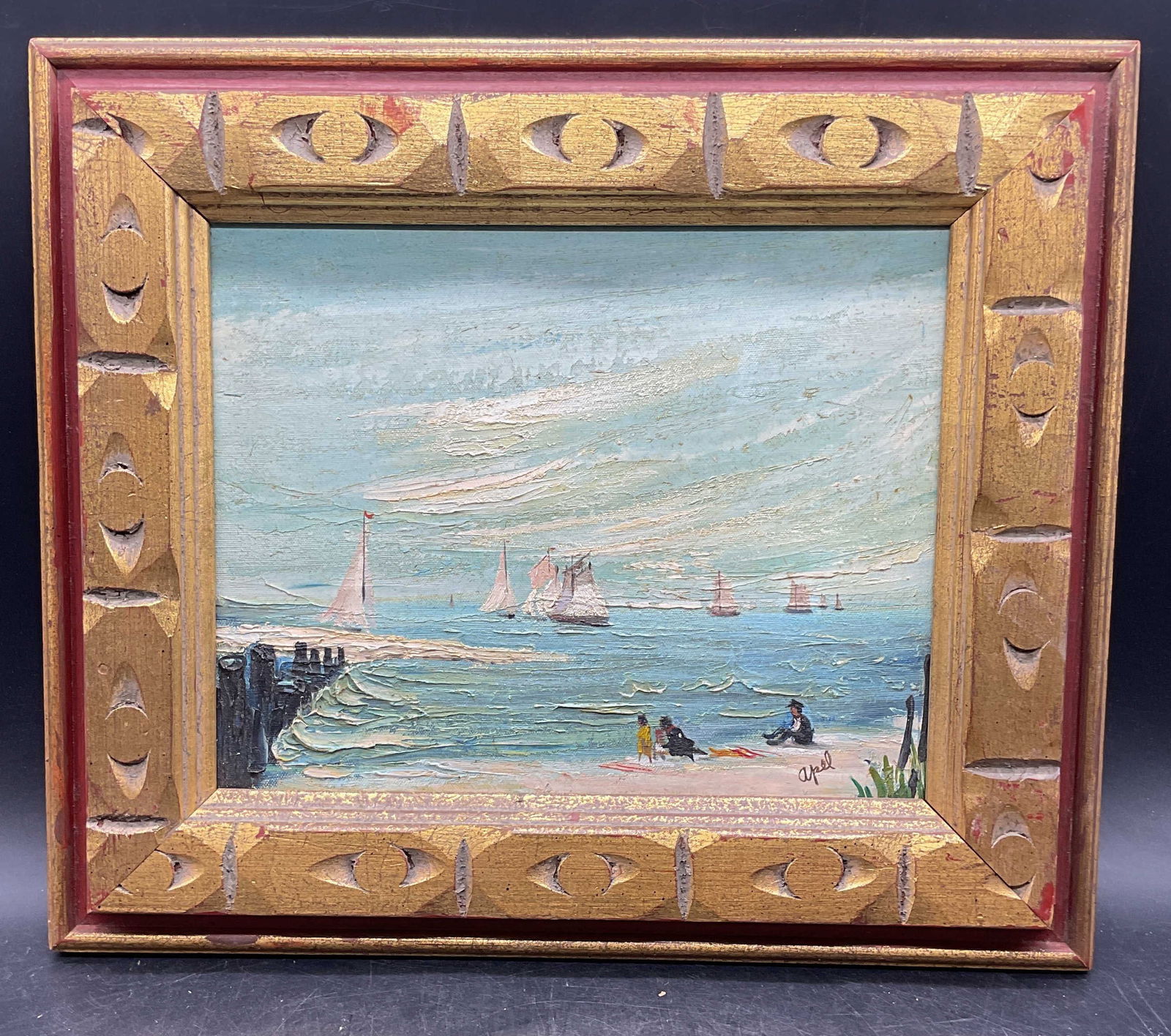 Signed Apel Sailboats Beach Figures Oil Painting (1 of 6)