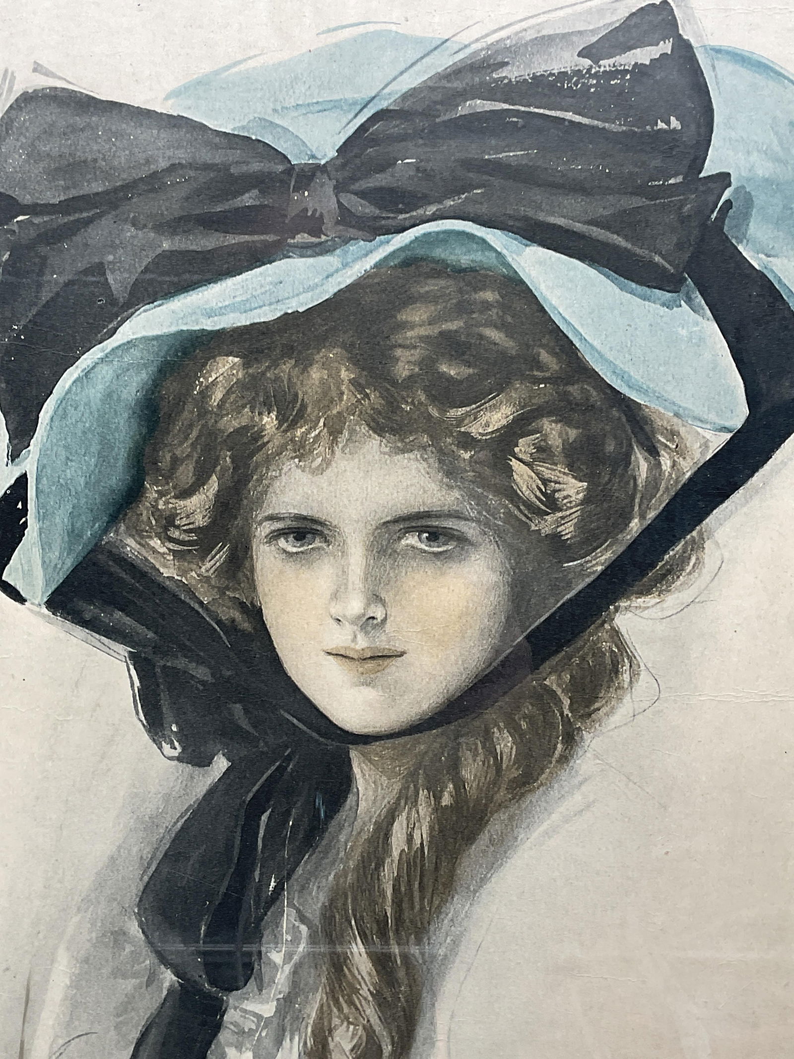 Framed Harrison Fisher Girl Book Lithograph: Framed color lithograph on paper. After Harrison Fisher, book cover for The Golden Horseshoe by Robert Aitken. A classic Harrison Fisher girl wearing large blue hat with black bow. Original illustrati