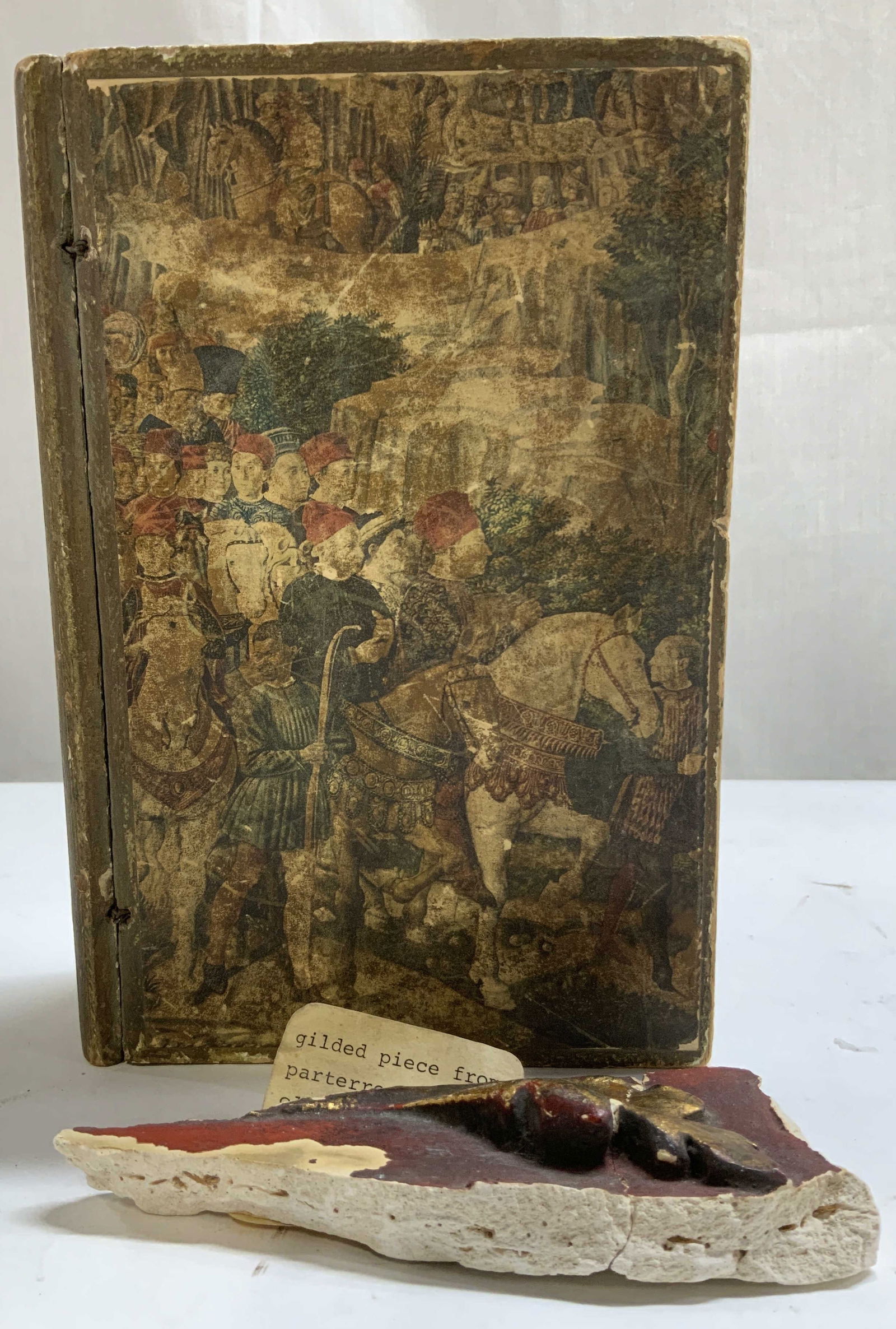 Vtg Wooden Hollow Bk &1883 Gilt Piece of Old Metro: Lot includes, Italian and Florentine box, wooden hollow book with front cover depicting white horses with men wearing traditional attire. Binding of book has intricate gilt accents. Inside of hollow b