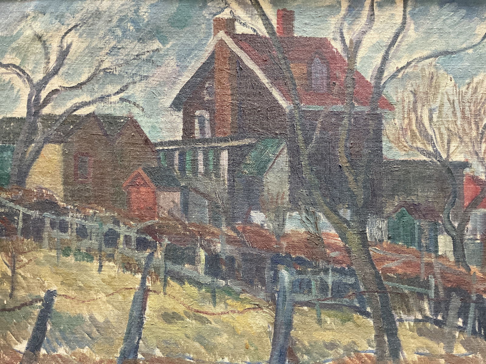 Signed Houses Suburban Scene Oil Painting (1 of 7)