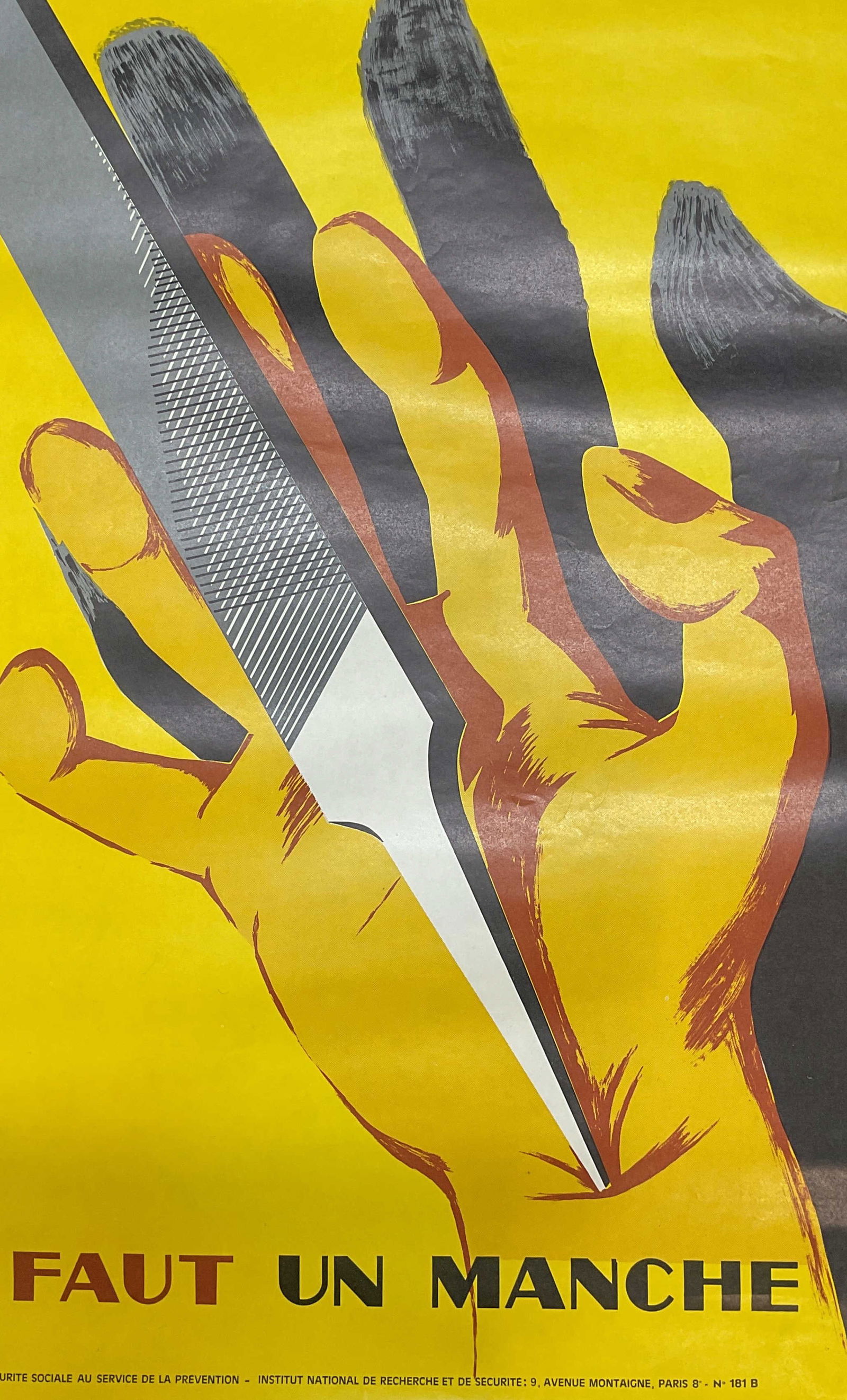 Vtg 1971 French Industrial Safety Poster 23in: Framed lithograph poster on paper. Vintage 1971 French industrial safety poster. Issued by the National institute for Research and Security to promote workplace accident prevention. Designer name prin