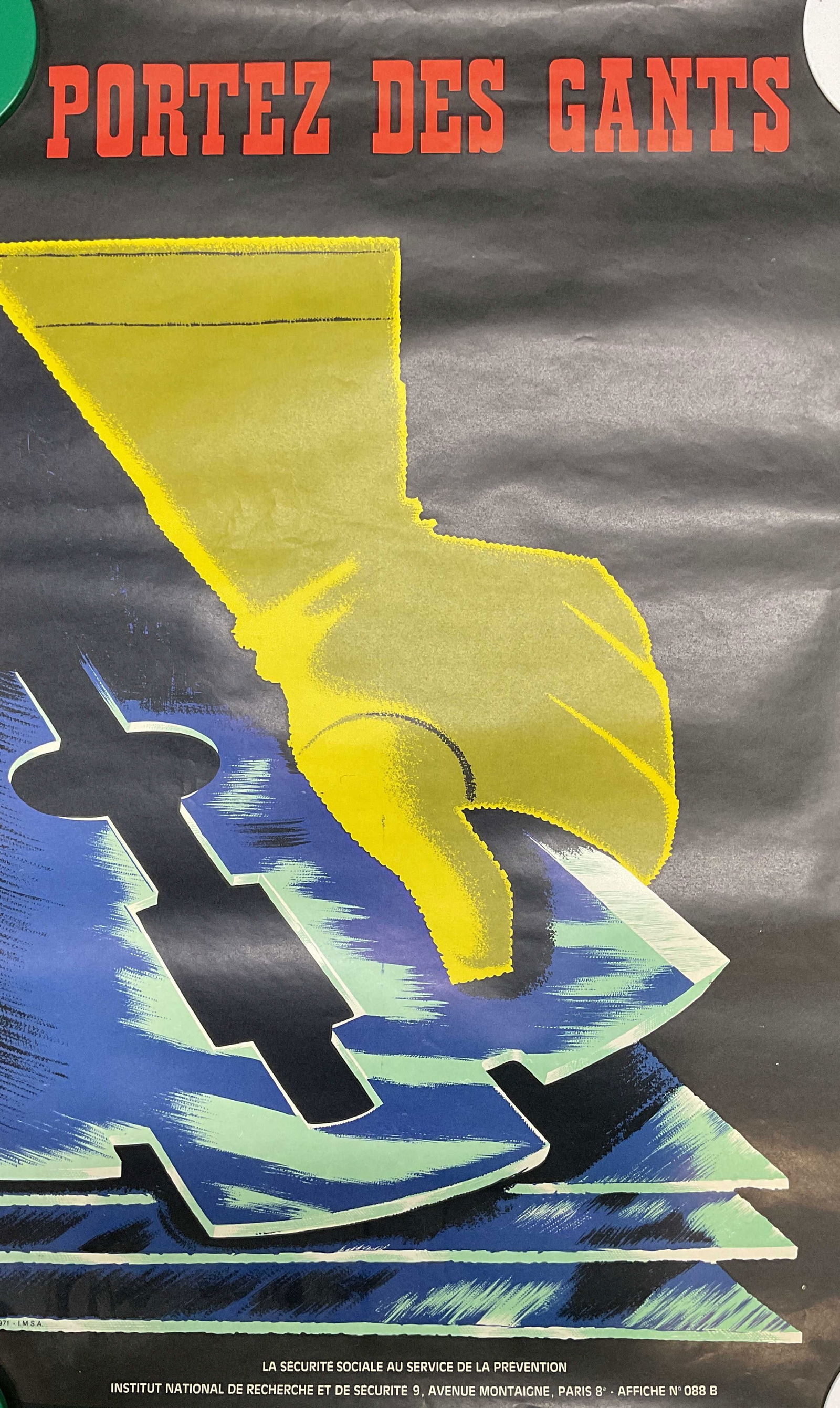 1971 French Industrial Safety Poster 23in: Framed lithograph poster on paper. Vintage 1971 French industrial safety poster. Issued by the National institute for Research and Security to promote workplace accident prevention. Designer name prin