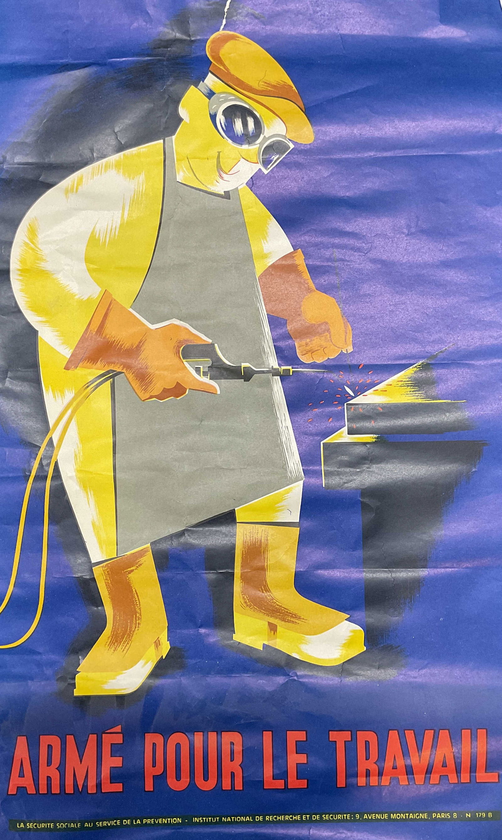 1960s French Industrial Safety Poster 23in: Framed lithograph poster on paper. Vintage circa 1950s or 1960s French industrial safety poster. Issued by the National institute for Research and Security to promote workplace accident prevention. De