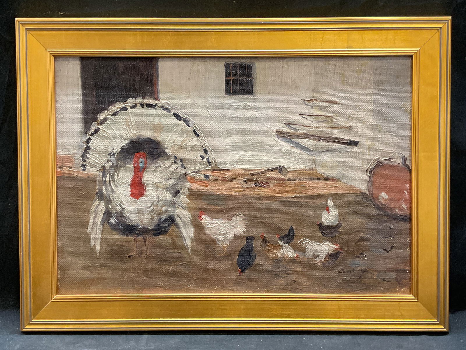 Framed Signed Turkey & Chickens Oil Painting 23in: Framed oil on canvas painting. Signed and dated lower right, partially legible, Juan Cab. 19xx. Turkey and chickens in courtyard. Gilt wood frame. Not examined out of frame. Frame measures approx 17 x