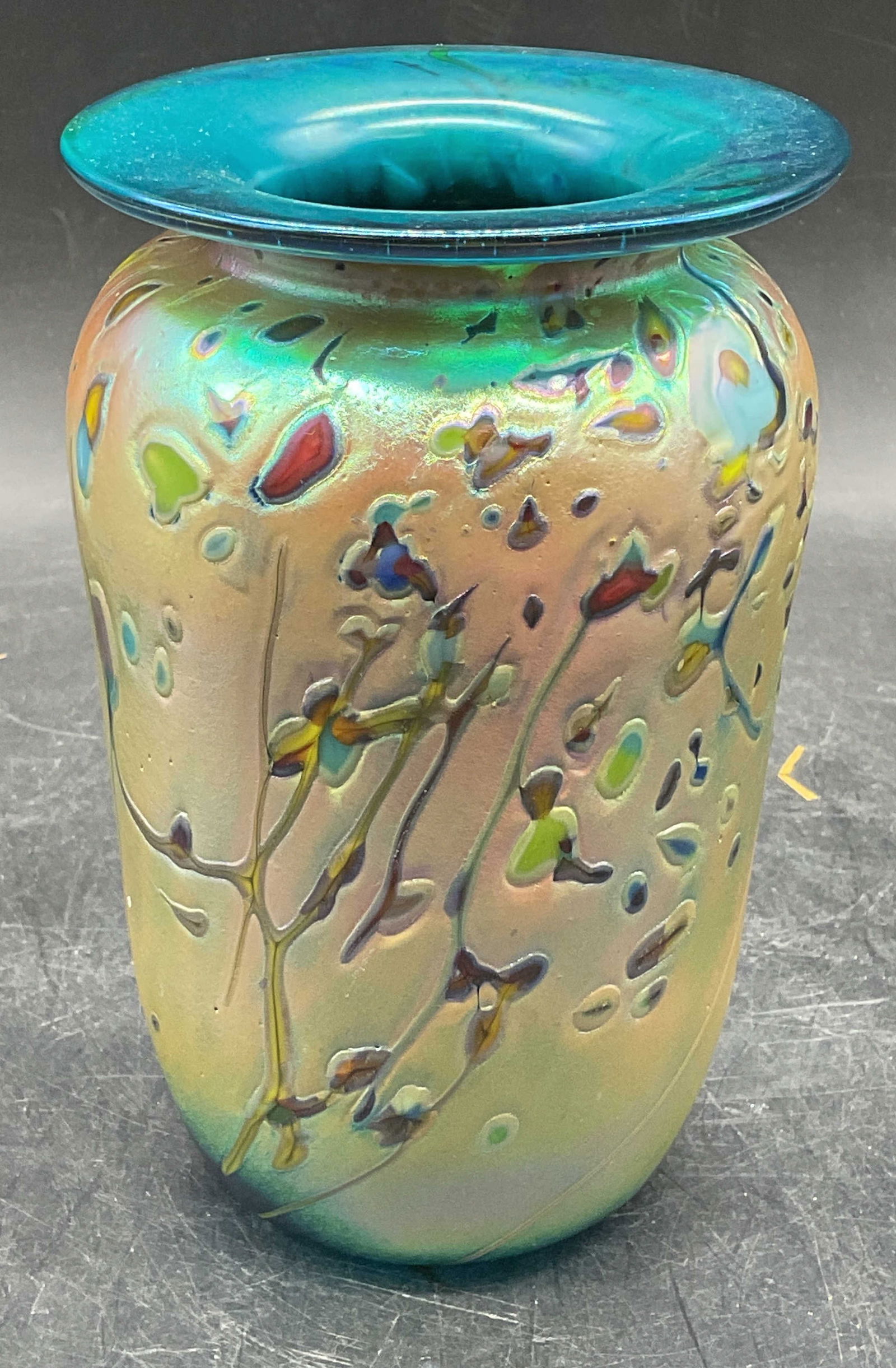 Signed Iridescent Blue Green Art Glass Vase (1 of 6)