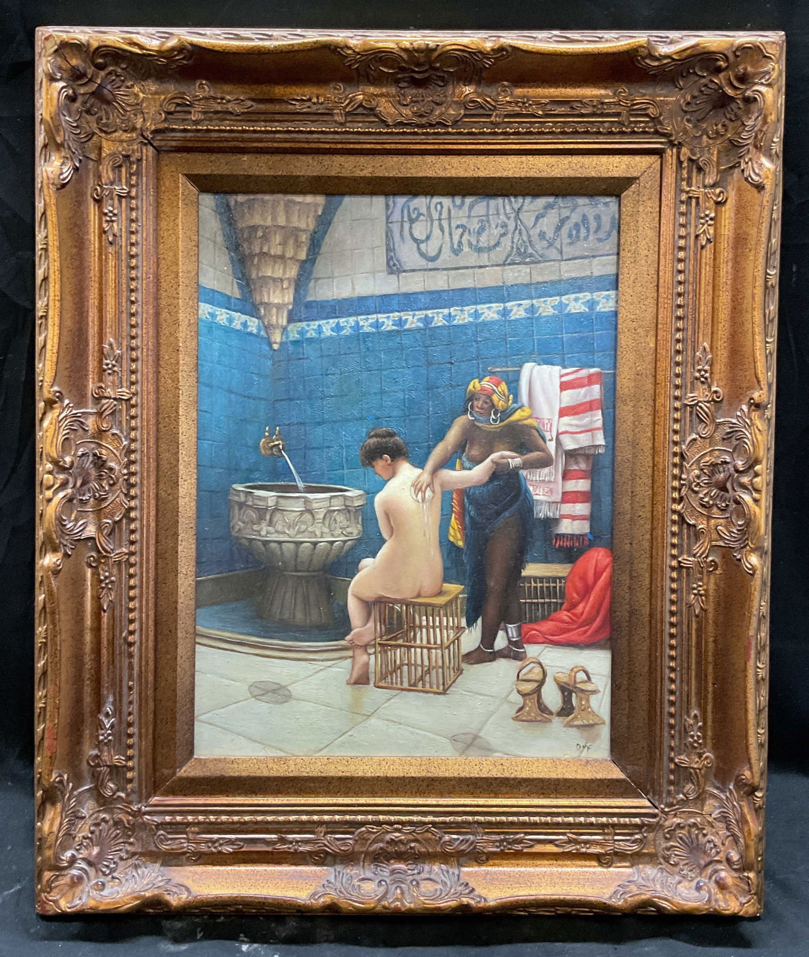 Signed DYF After Gerome The Bath Oil Painting: Framed oil on board painting. Signed lower right, DYF. After Jean Leon Gerome (French, 1824-1904), The Bath. Bather scene. Woman being washed. Ornate gilt wood frame. Not examined out of frame. Frame