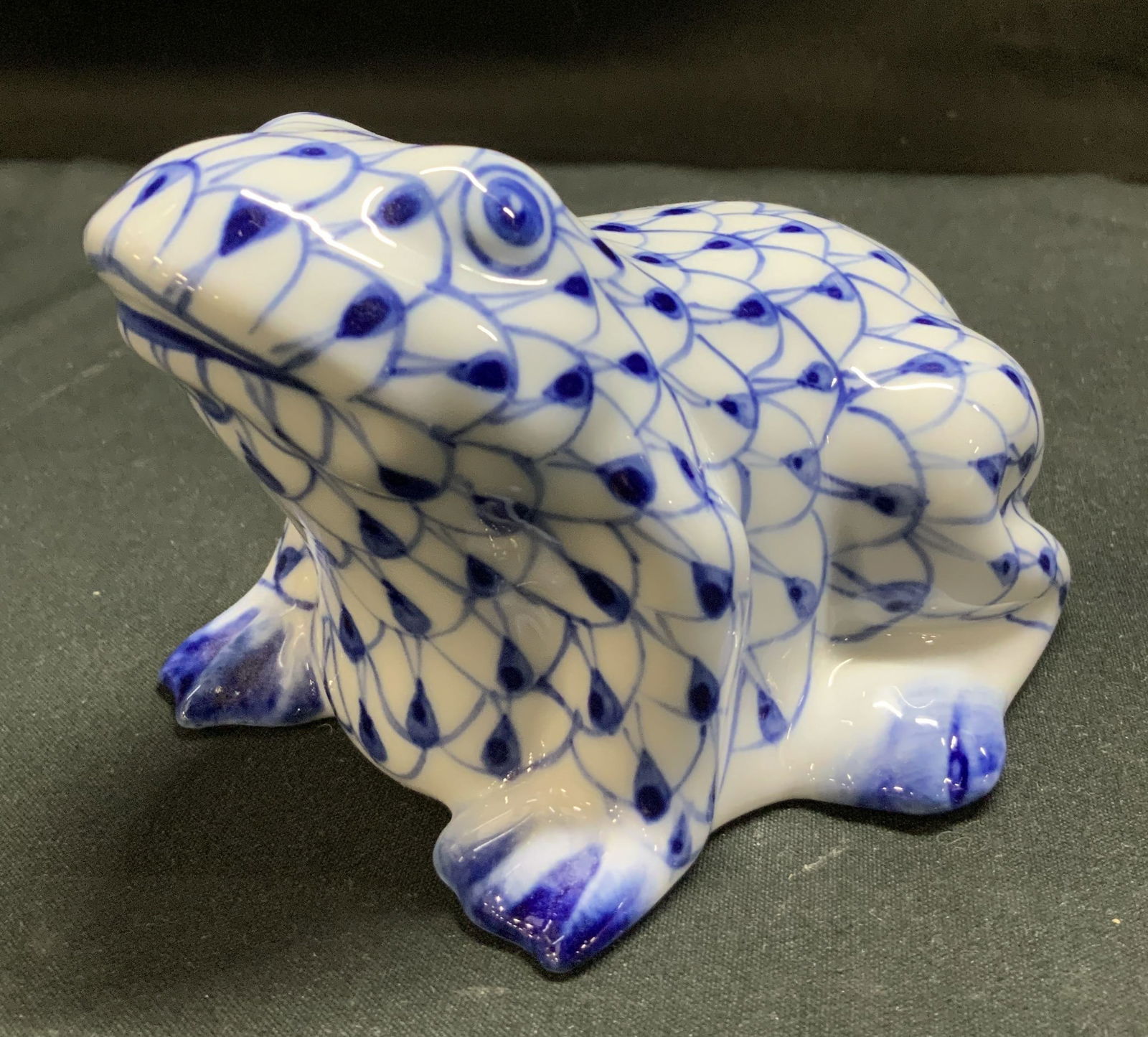 Andrea By Sadek Porcelain Frog Figurine: Andrea by Sadek blue and white porcelain frog figurine featuring a fishnet pattern. Signed & marked on underside. Reads, ANDREA BY SADEK. CHARLES SADEK IMPORT CO. Surface wear consistent to age, use &