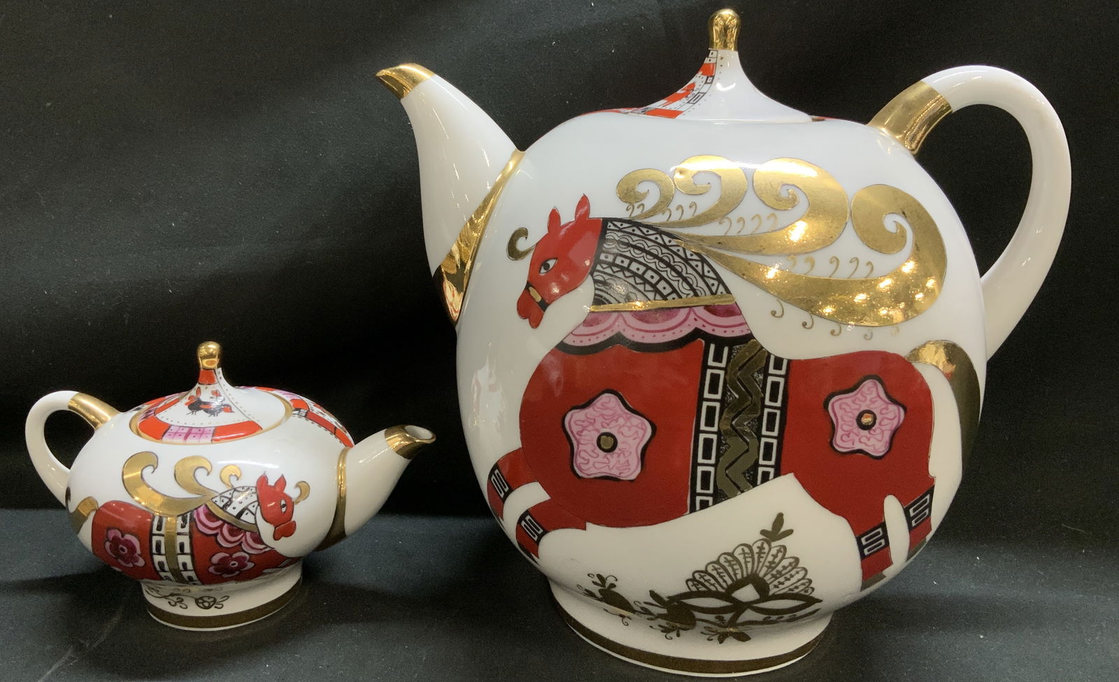 Vntg LOMONOSOV Red Horse Porc Teapot Set USSR (1 of 8)