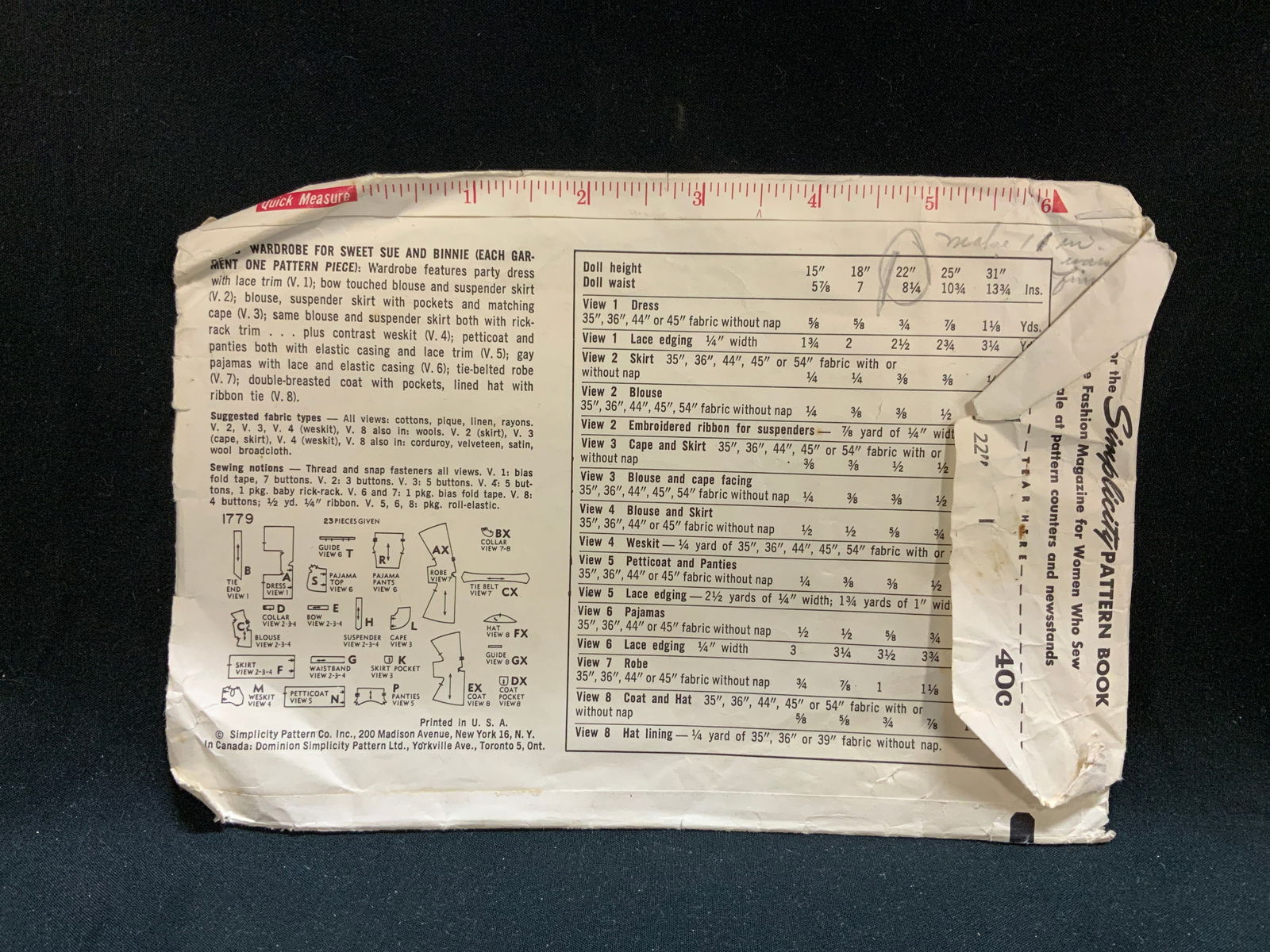 Vtg Simplicity Printed Sewing Pattern 22in - 3