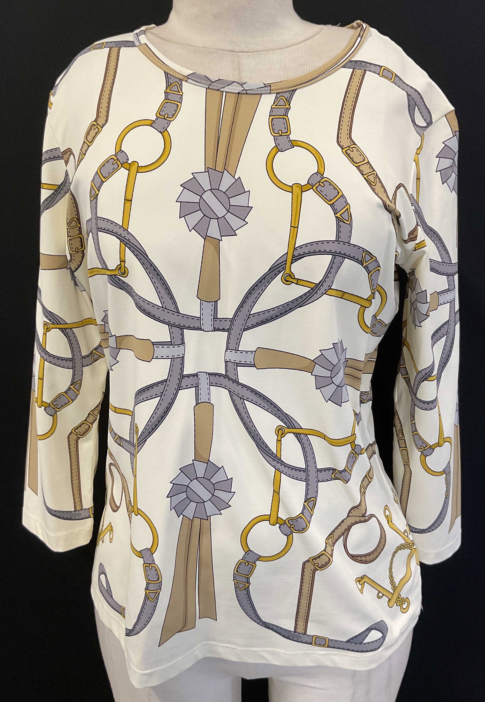 J. McLaughlin White Belt Graphic Blouse: J. McLaughlin white belt graphic blouse. Size L. Nylon material. White background. Graphic design of different belt chains and buckles. Colors feature yellow, grey, and brown. Wear consistent