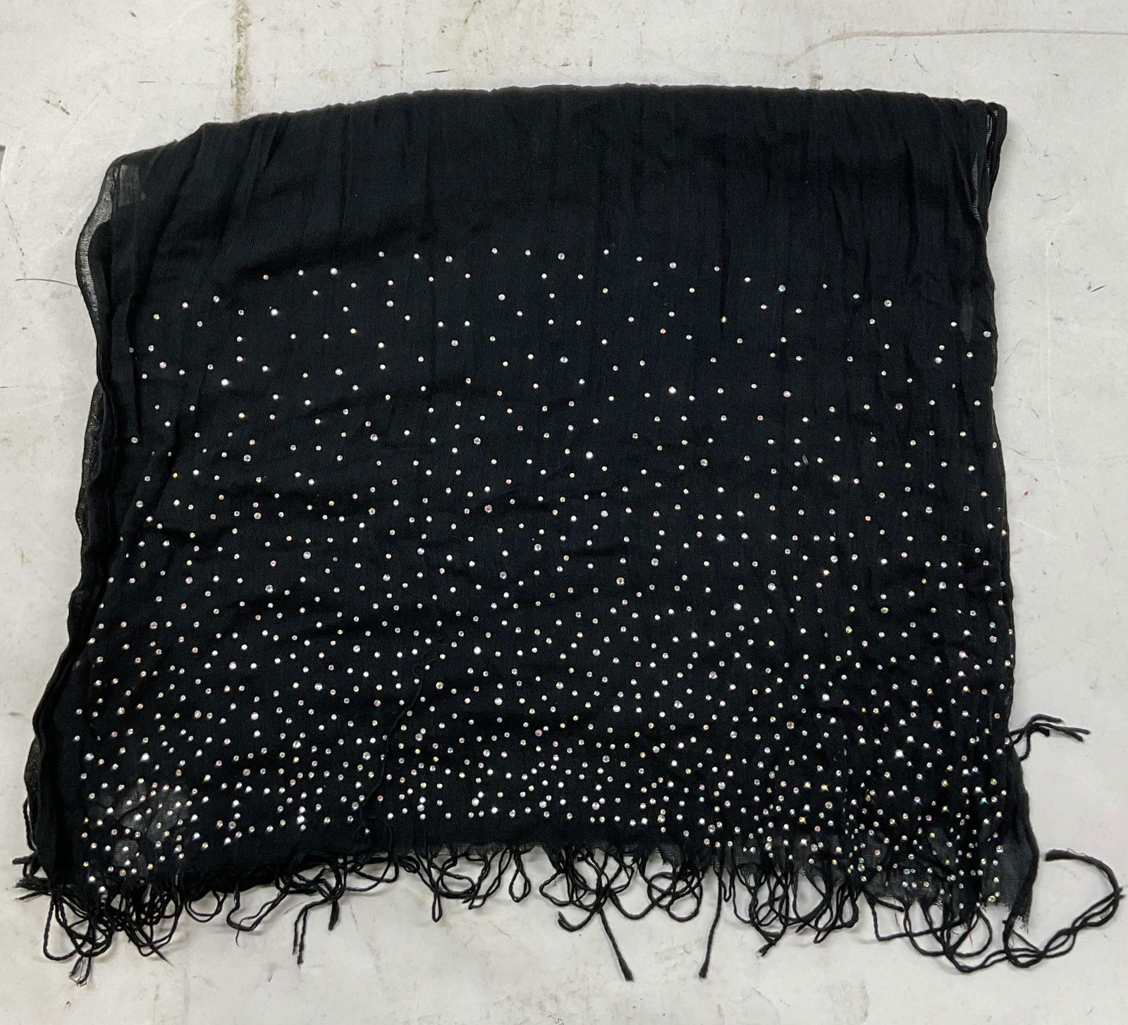 Vintage Sheer Black Studded Fringed Scarf: Vintage sheer black studded fringed scarf. Viscose material. Studded embellishments on either side. Black fringed trim. Measures approx 36 inches wide 62 inches long. Wear consistent with