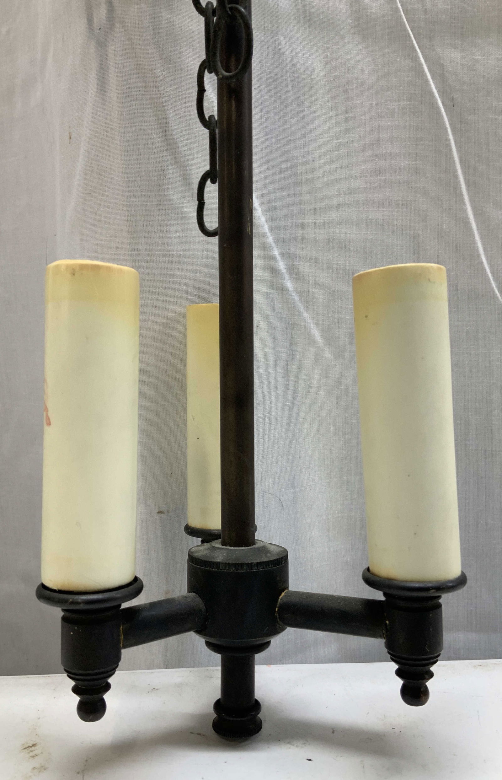 Vtg 3 Light Metal Candle Style Light Fixture: Vintage metal hanging light fixture with 3 candle sockets. Decorative chain & dark patinated finish. Surface wear consistent to age, use& exposure. Measurements: height 18in x width 4in. Vintage